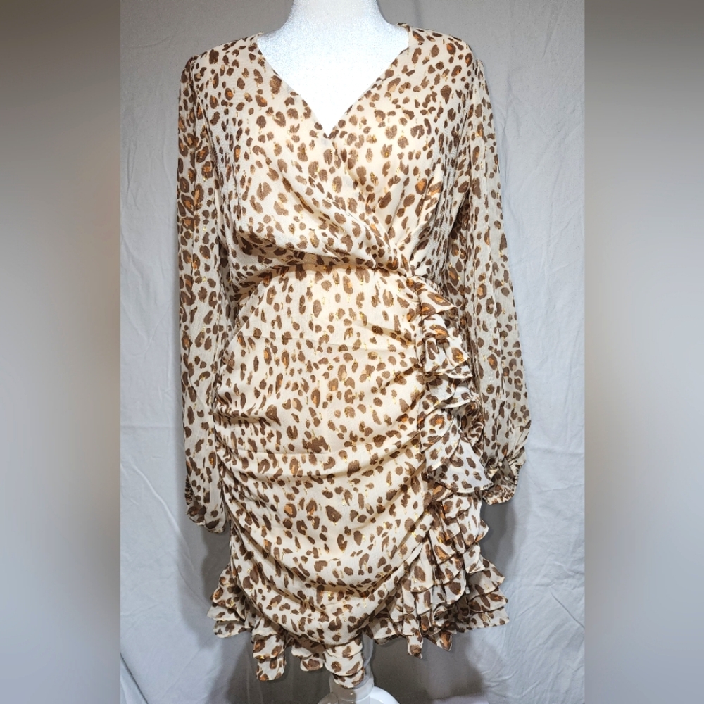 Express Leopard Print Long-sleeved Dress With Gold Accents